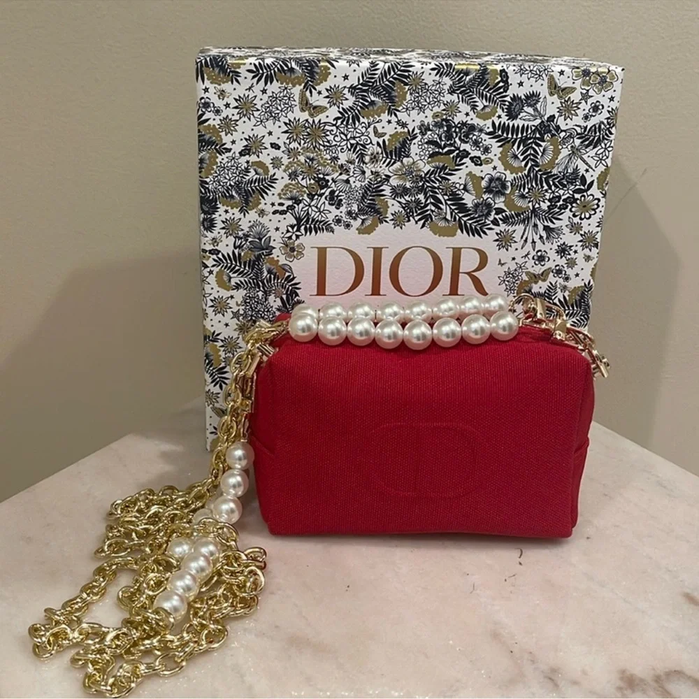 Christian Dior red canvas cosmetics bag to shoulder bag